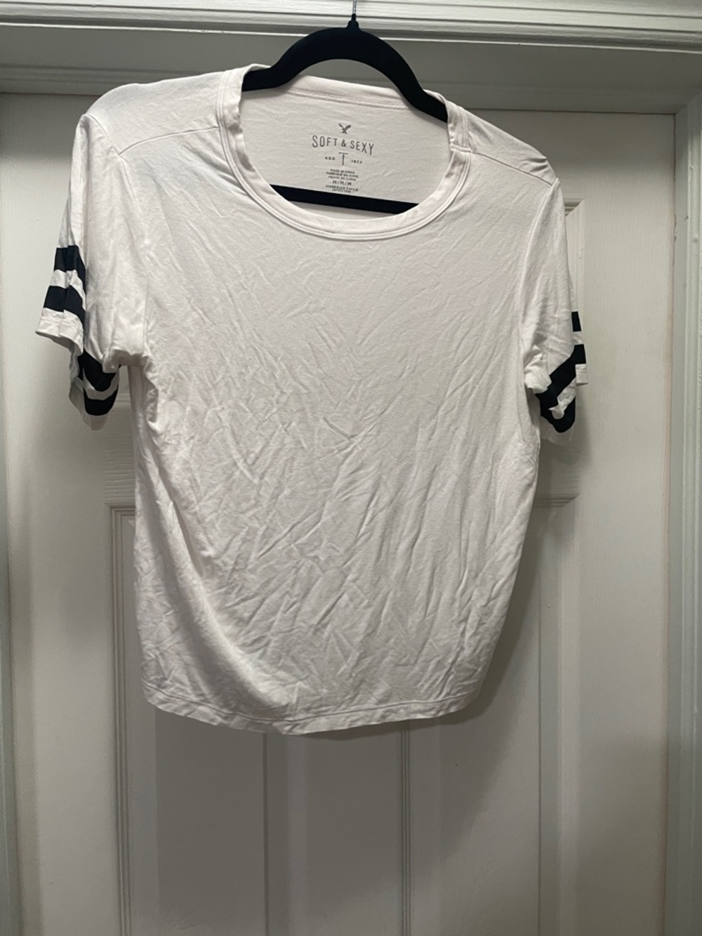 American Eagle Outfitters White Tee with Black Sleeve Stripes